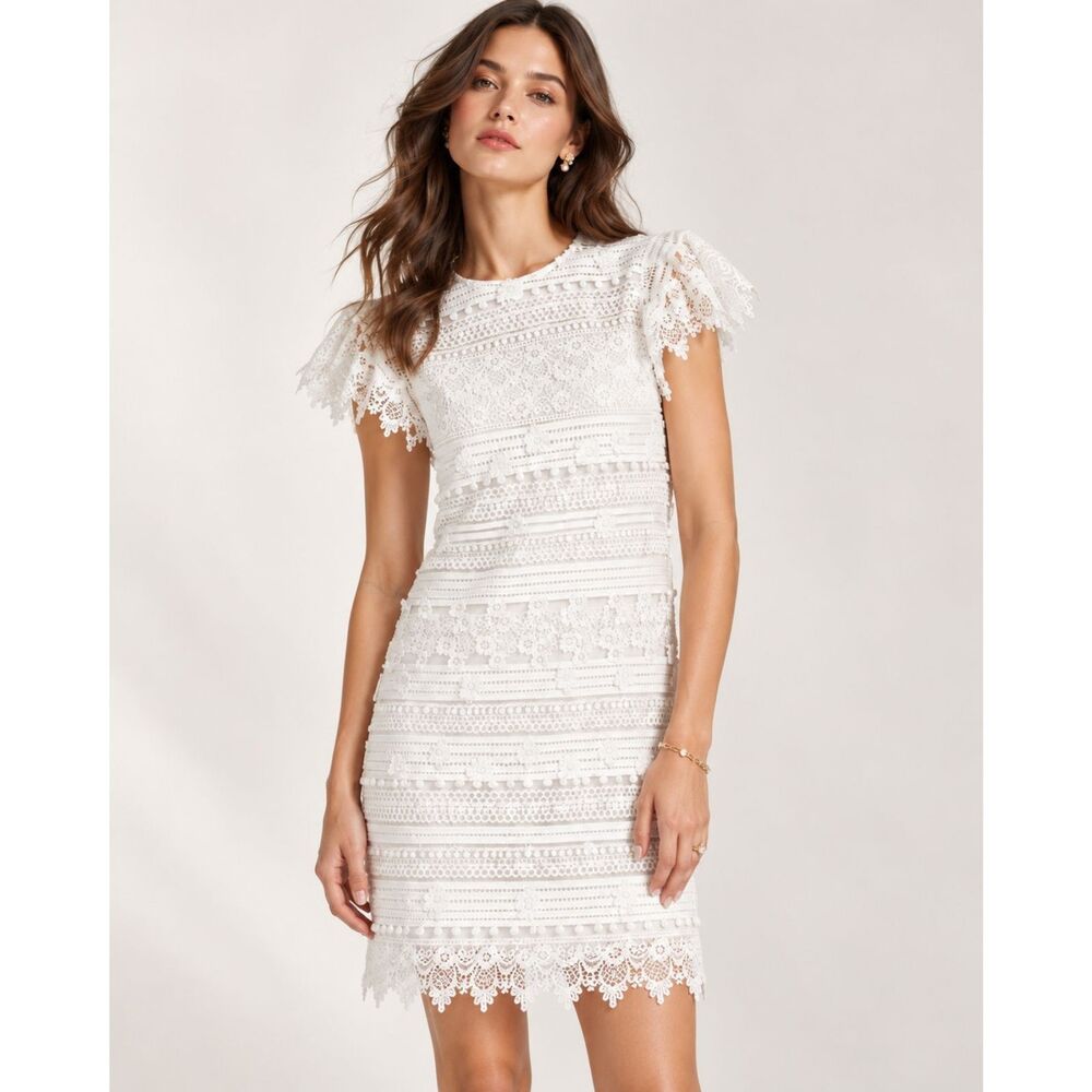 NWT. $2290 Carolina Herrera Embroidered Mini Shift Dress with Ruffle Sleeves Sz6